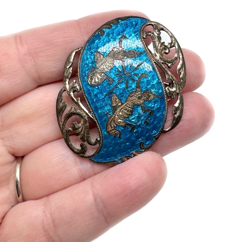 Vintage Siam Silver and Blue Enamel Brooch Earring Set Thai God and Goddess - Picture 3 of 13